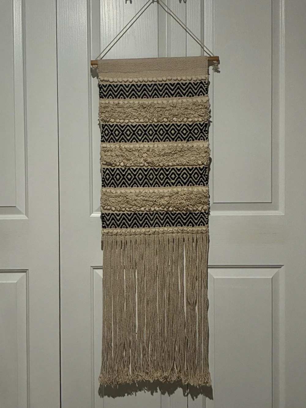 Large Boho Woven Wall Hanging Tapestry w/ Fringe Tassels, Black/Beige Geometric